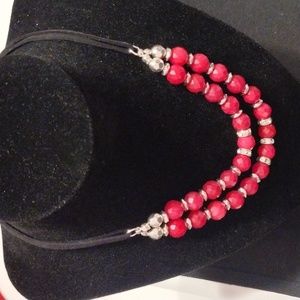 White House Black Market Red & Silver Faceted Bead Black Suede Necklace